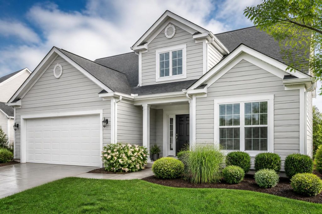 Freshly cleaned house exterior with bright siding and spotless windows.